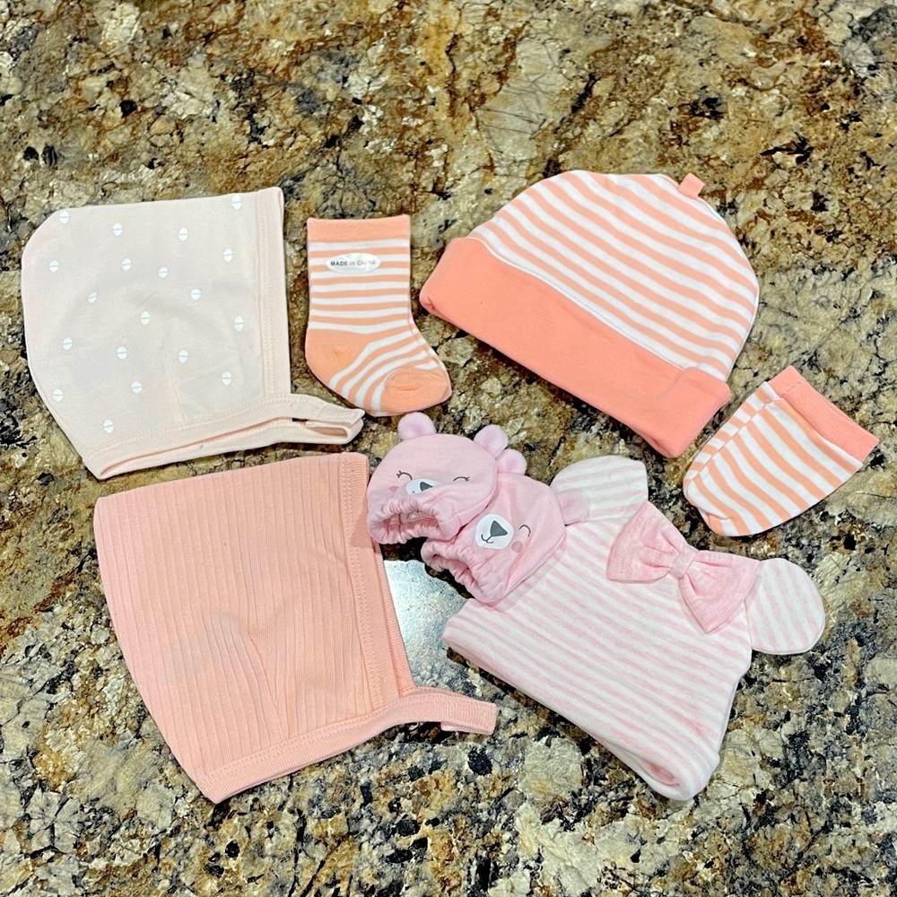 NEW Lot of Newborn Girls Hats Gloves Socks Pink Baby Girl Infant Kids Bonnets